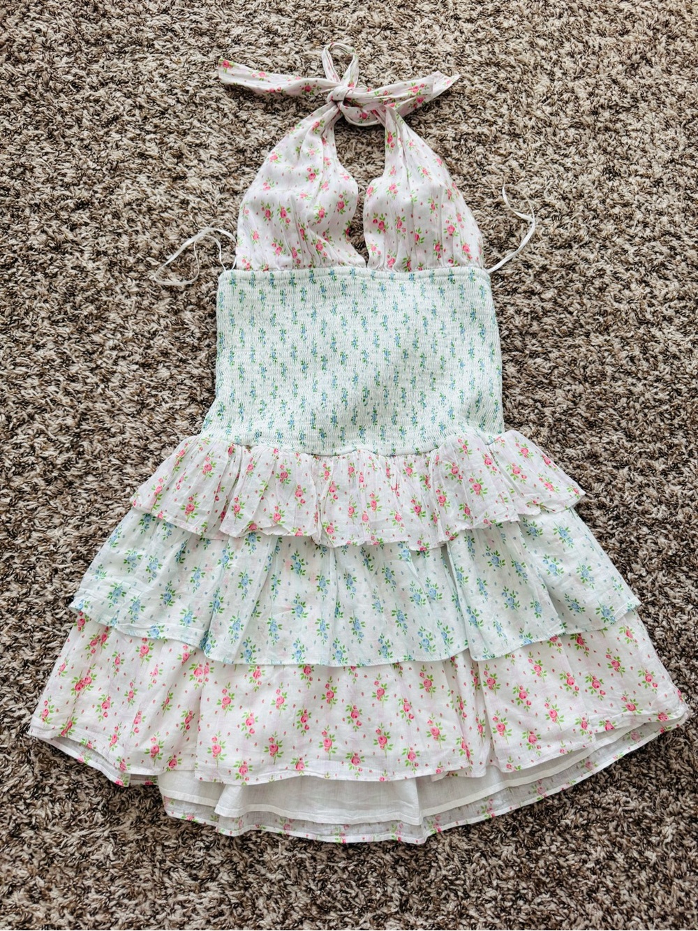 Girls Floral Halter Tiered Dress - White/Pink/Green